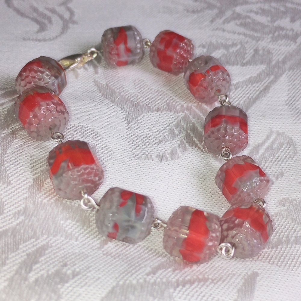 Rare Czech Glass Givre Cathedral Beads Red Grey Clear 7in Bracelet